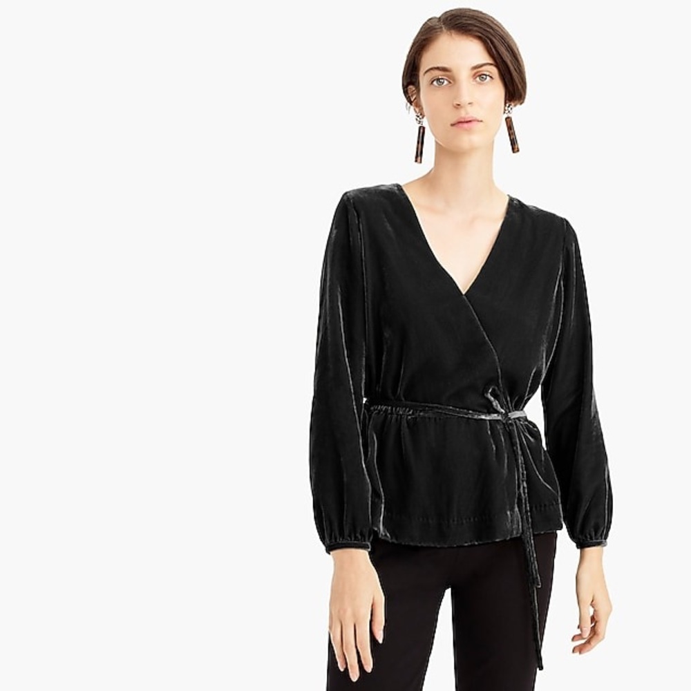 NWT J Crew Black Velvet Faux Wrap Top Blouse Size 2
